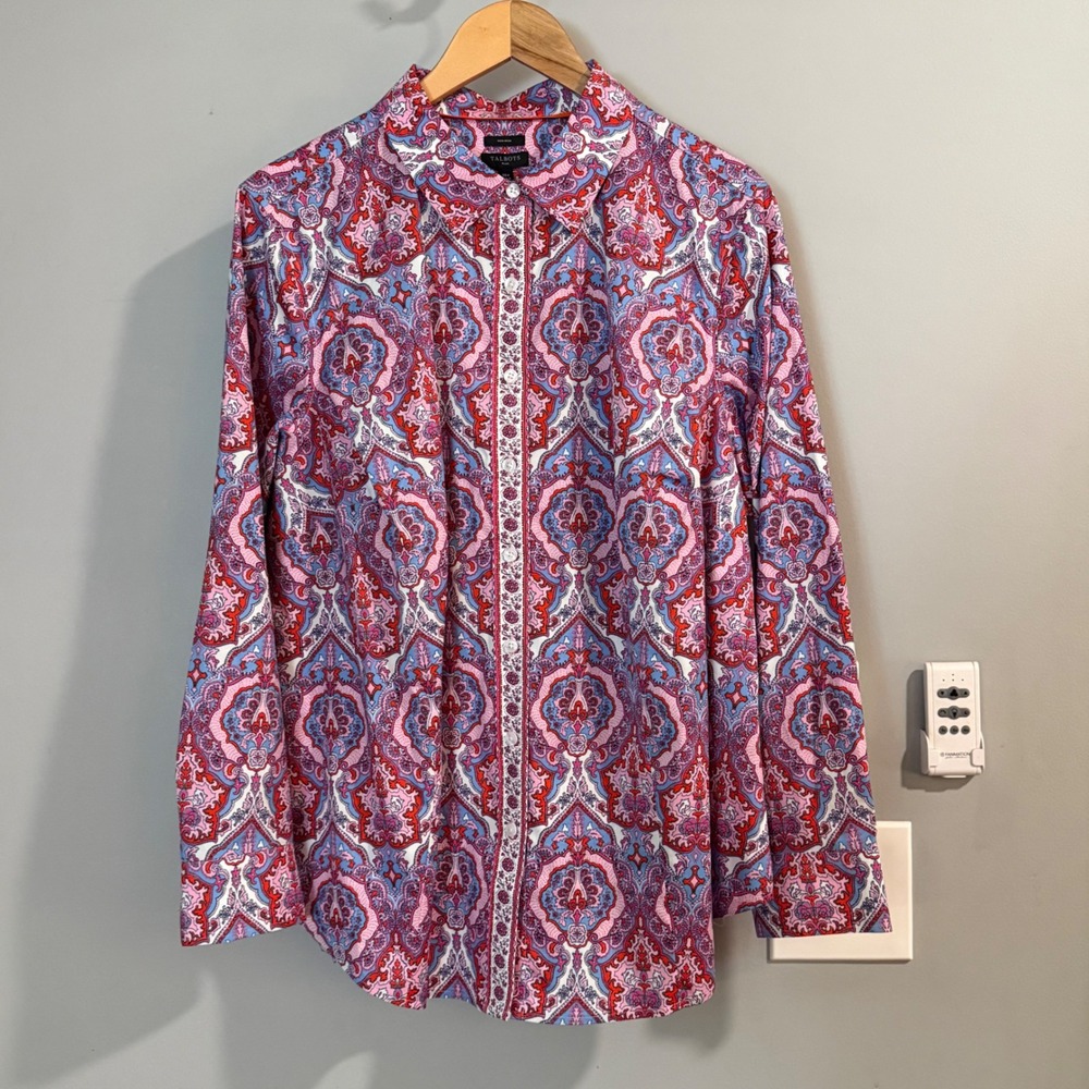 Talbots Button Down Womens 16W Pink Paisley Medallion Non-Iron Stretch Shirt